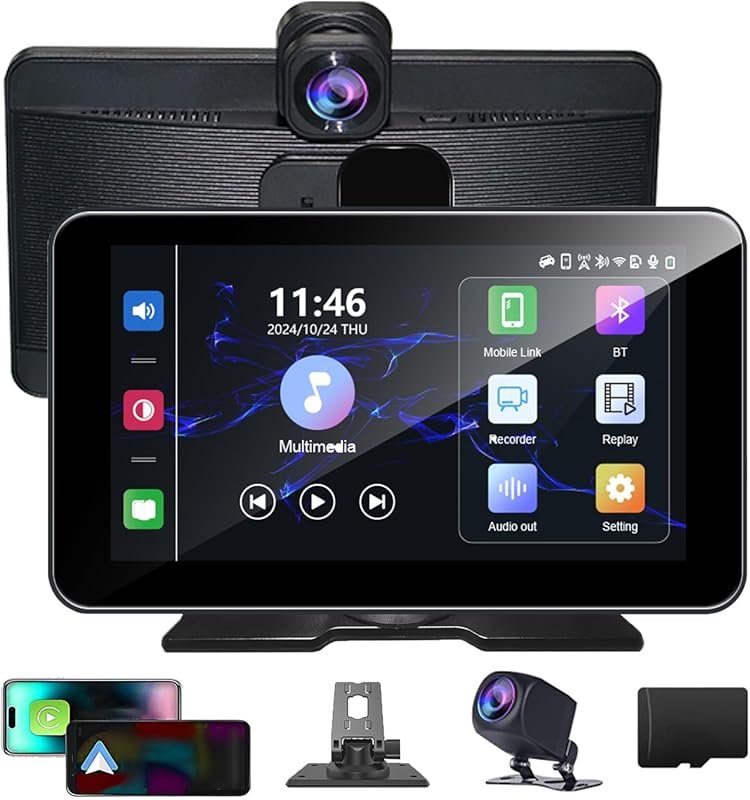 7-Inch Portable Car Stereo with Backup Camera, 4K Dash Cam, Wireless C