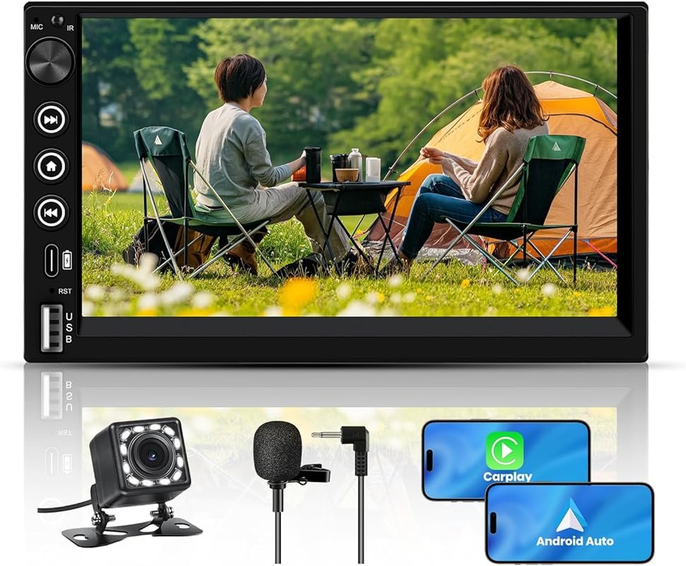 7-Inch Double Din Car Stereo with Wireless CarPlay, Android Auto, IPS 