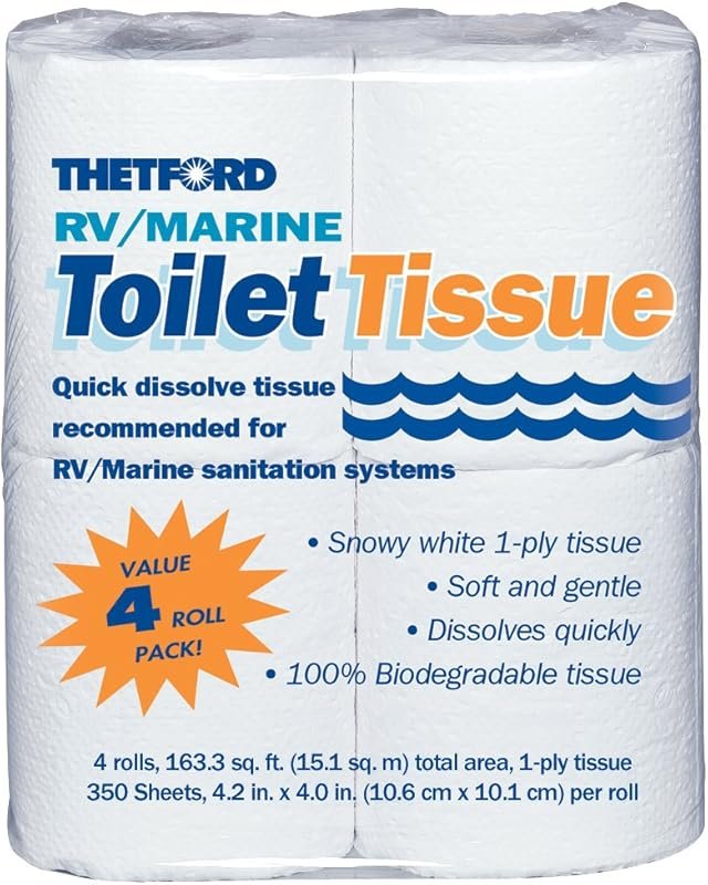 Thetford RV and Marine Toilet Tissue, 1-Ply, 4 Rolls for RV Toilets