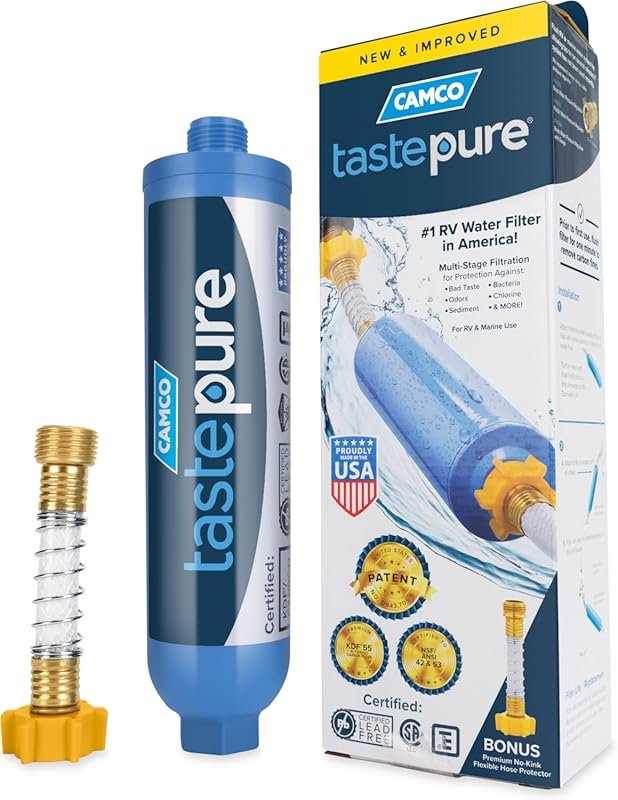 Camco Tastepure RV Inline Water Filter with Flexible Hose Protector an