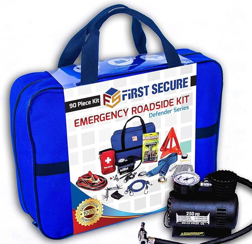 Car Emergency Roadside Kit with Air Compressor, Jumper Cables, Tow Str