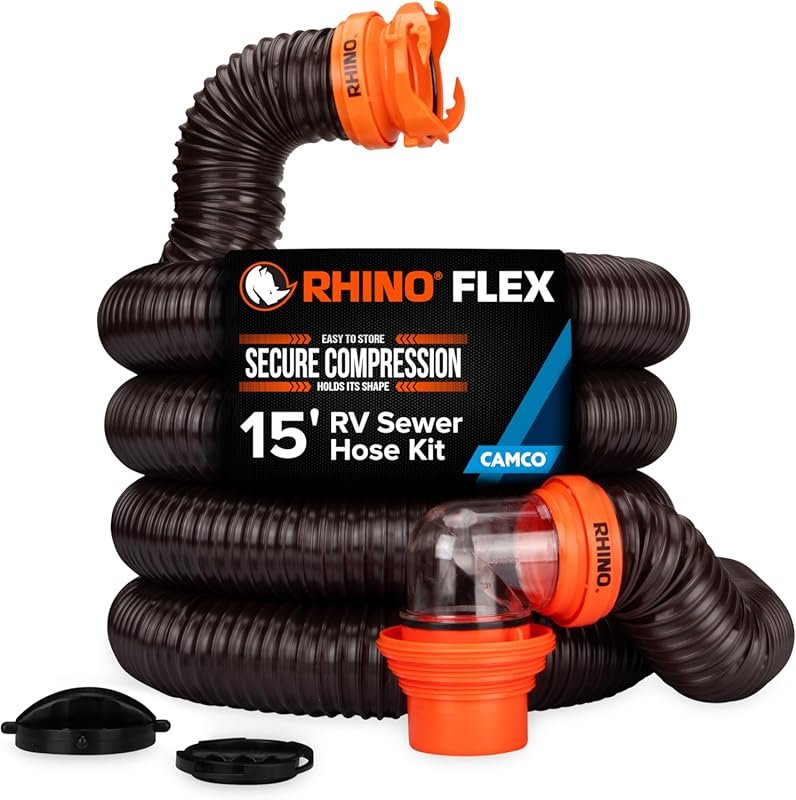 Camco RhinoFLEX 15-Ft RV Sewer Hose Kit with Clear Elbow & 4-in-1 Adap