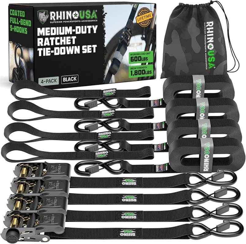 Rhino USA Ratchet Straps Tie Downs 4-Pack with 1,823lb Break Strength 