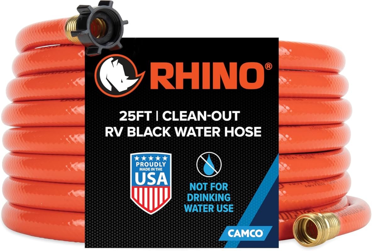 Camco Rhino 25-Ft Black Water Hose with Heavy-Duty PVC and Bright Oran