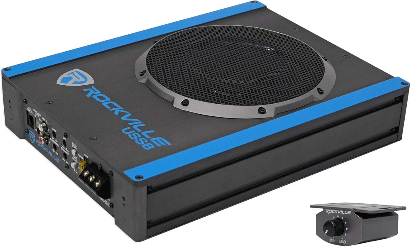 Rockville USS8 600W 8-Inch Slim Under-Seat Active Subwoofer with Built