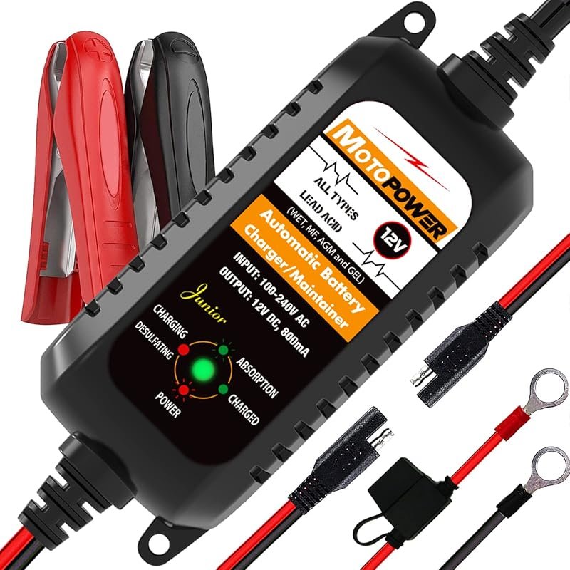MOTOPOWER 12V 800mA Automatic Battery Charger and Maintainer for Motor