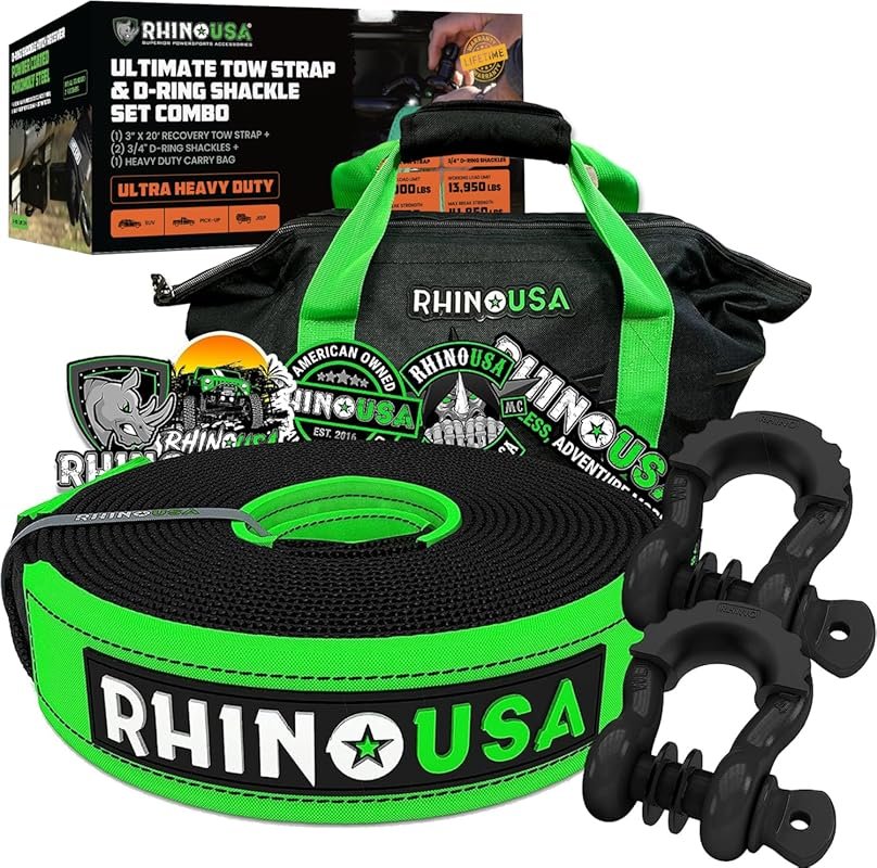 Rhino USA Heavy Duty 20 Foot Recovery Strap Combo with Shackles for Tr
