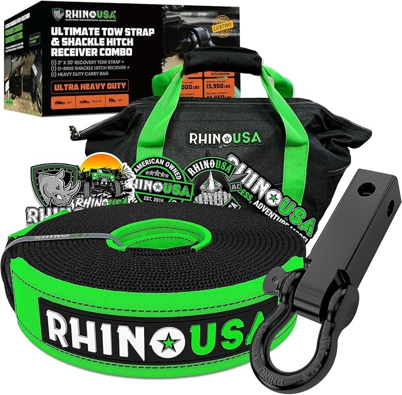 Rhino USA Heavy Duty 30 Foot Recovery Strap with Shackle for Truck