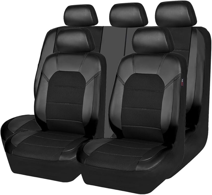 Full Set Black Universal Leather and 3D Air Mesh Seat Covers with Head