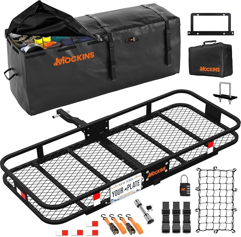 Mockins Heavy Duty Hitch Cargo Carrier with License Plate Holder and W