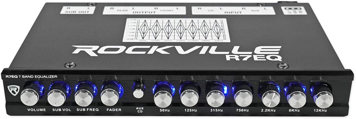 Rockville R7EQ 1/2 Din 7 Band Car Audio Equalizer, Front/Rear/Sub Outp