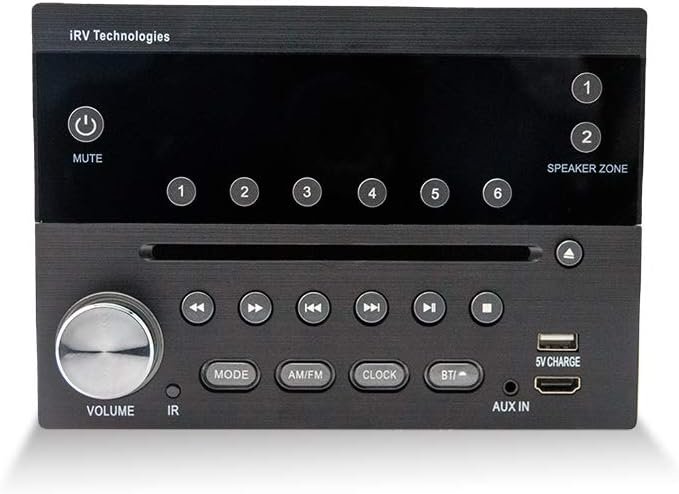 Wall-mount RV stereo receiver with AM FM CD DVD playback for RV entert