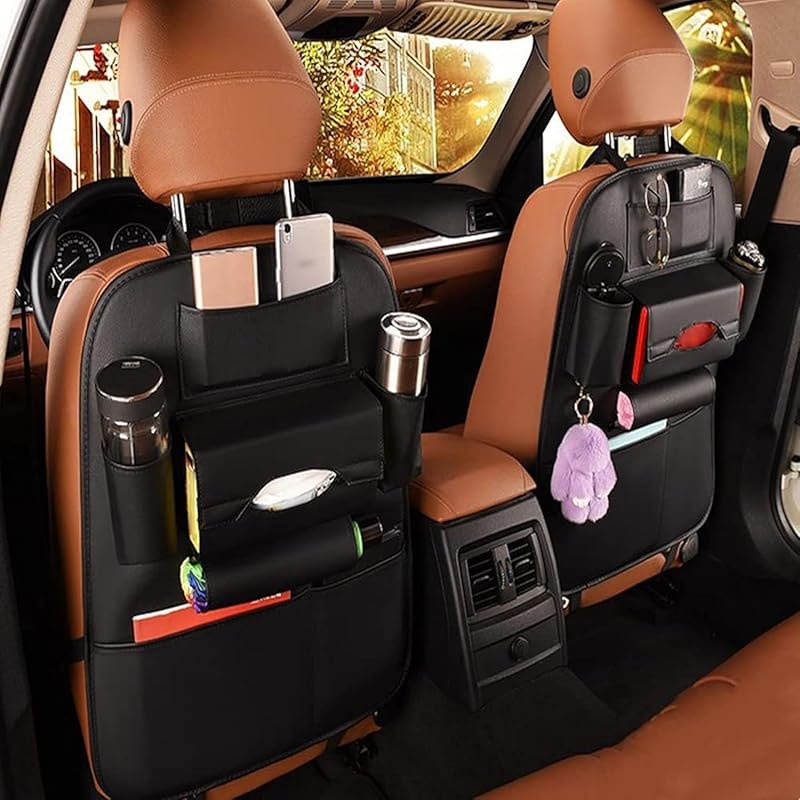 PU leather seatback organizer with kick mats and cup holder for univer