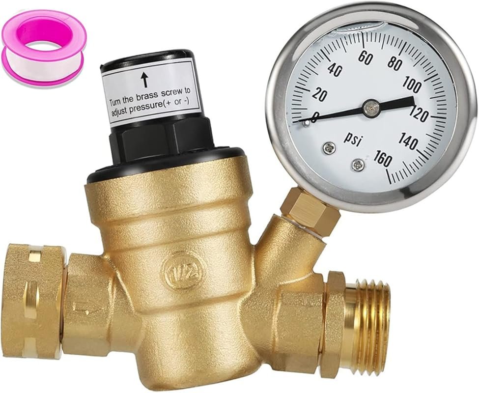 Adjustable RV Water Pressure Regulator with 160 PSI Gauge for Travel T