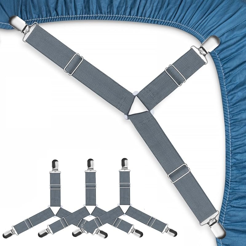 Adjustable Bed Sheet Straps and Clips to Secure Fitted Sheets in a Set