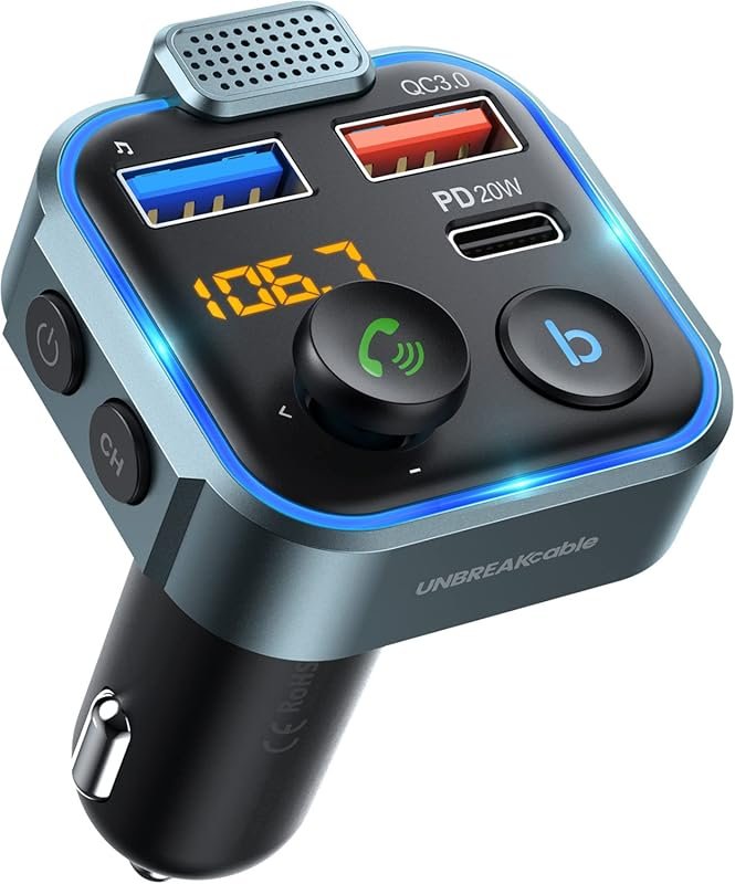 UNBREAKcable Bluetooth 5.3 FM Transmitter for Car with PD Fast Chargin