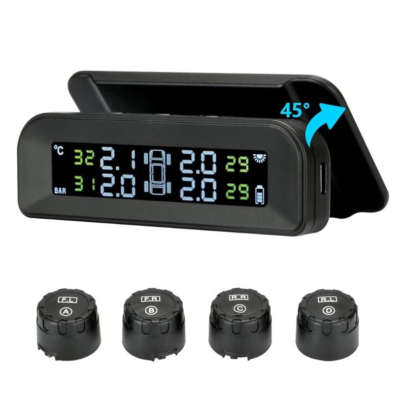 Solar-Powered Wireless TPMS with 4 External Sensors for Cars, SUVs, an