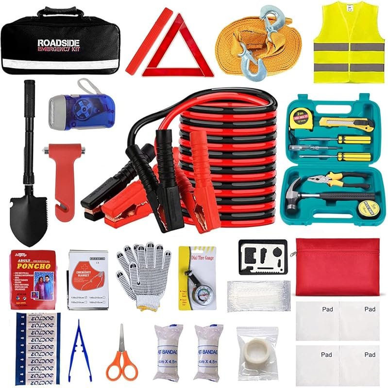 Winter Car Emergency Roadside Kit with Jumper Cables, Shovel and First