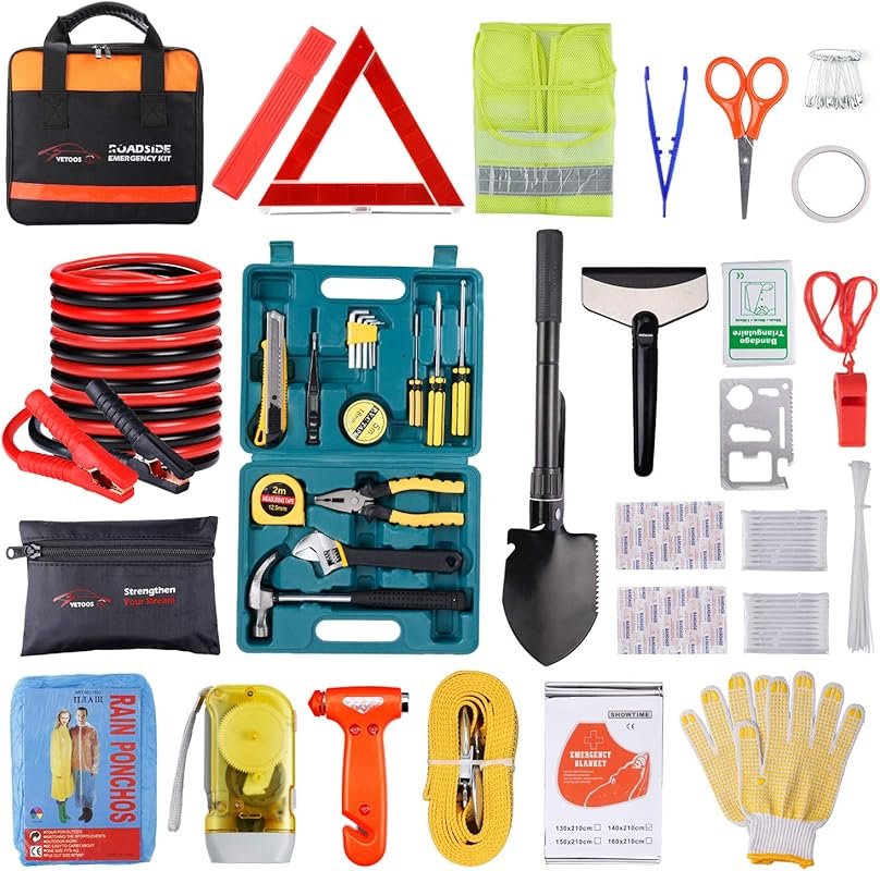 Winter Car Roadside Emergency Kit with Jumper Cables and Folding Survi