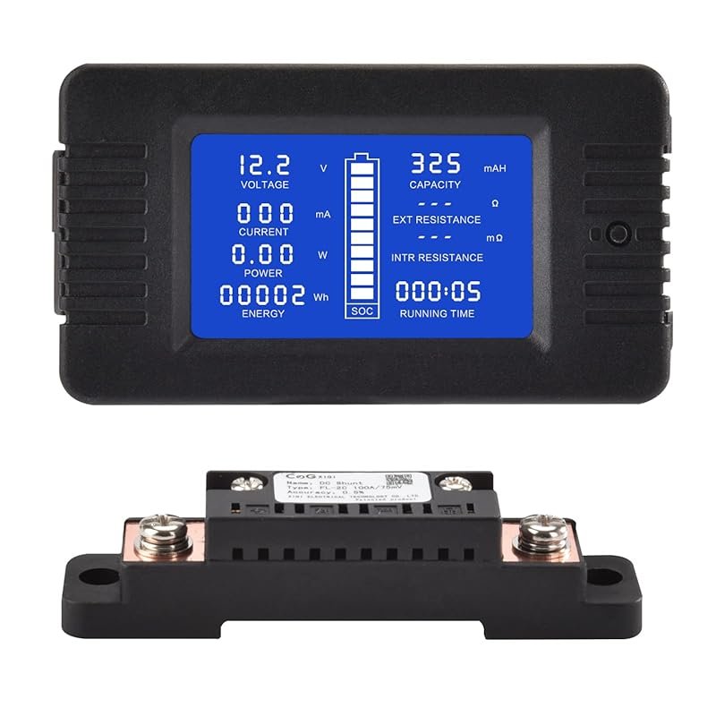 DC Multifunction Battery Meter with Shunt for Cars, RVs, and Solar App