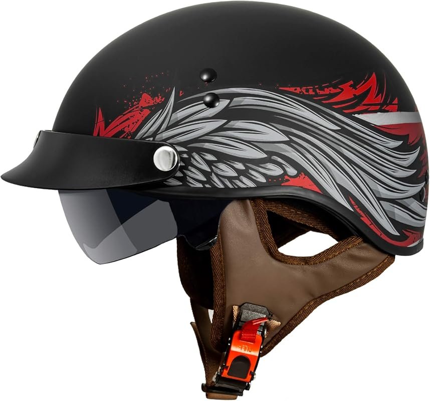 Cruiser Half Face Motorcycle Helmet with Drop-Down Sun Visor, Removable Peak, and Quick Release Buckle