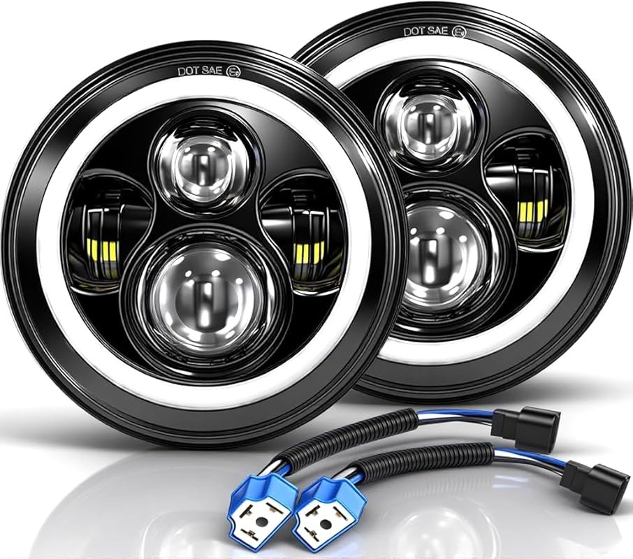 7-Inch Round LED Headlights with Halo Angel Eyes DRL and Amber Turn Si