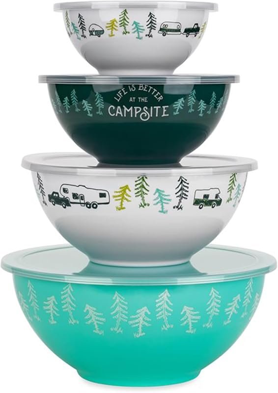 Camco Nesting Bowl Set with Lids - Four Melamine Bowls and Plastic Lid