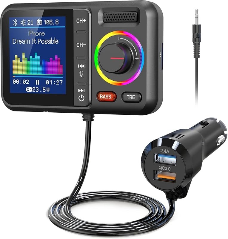 Nulaxy Bluetooth 5.0 FM Transmitter Car Adapter with Color Screen QC3.