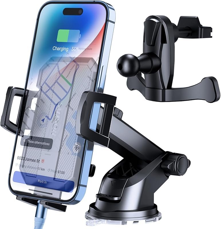Long arm car phone holder for dashboard, windshield, or vent with univ