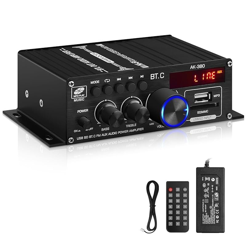 AK-380 400W Stereo Power Amplifier with Bluetooth 5.0, USB, SD, and AU