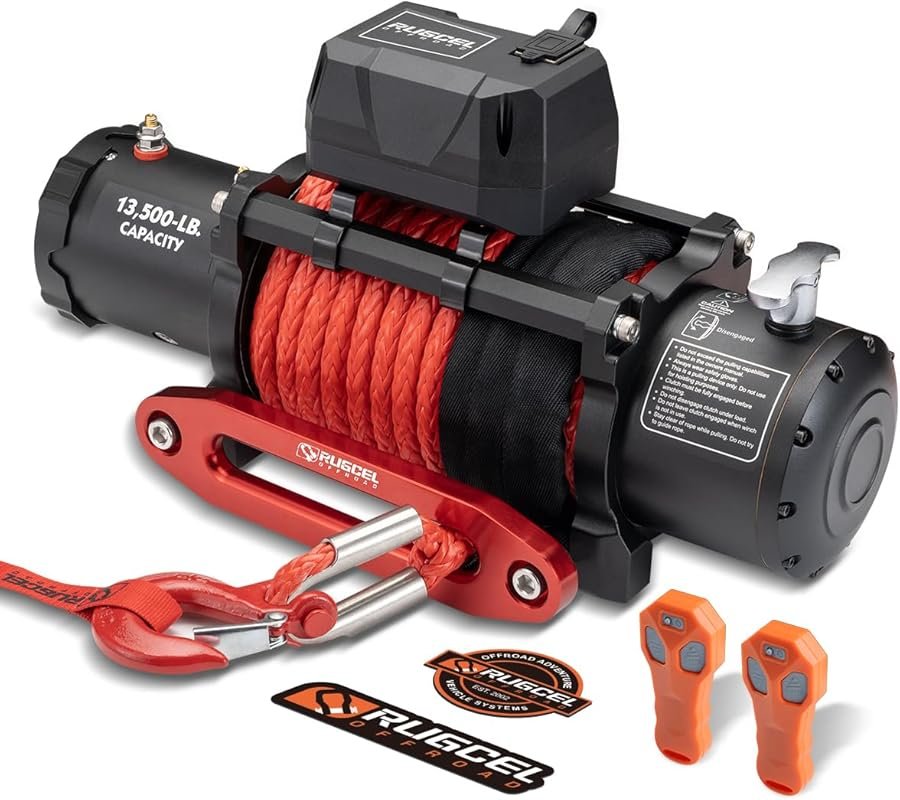 RUGCEL 13500lb 12V Waterproof Electric Winch with Synthetic Rope & Wir