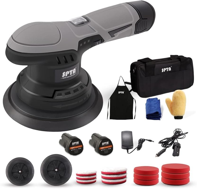 SPTA Cordless Car Buffer Polisher with 2x 12V Batteries, Brushless Mot