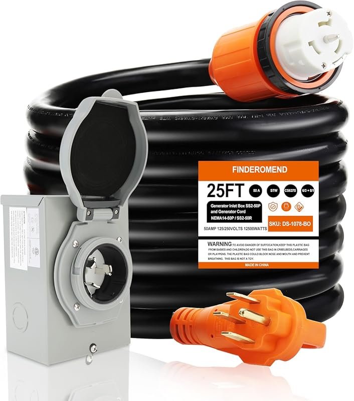 25-Foot 50 Amp Generator Cord and Power Inlet Box Kit for RV and Home