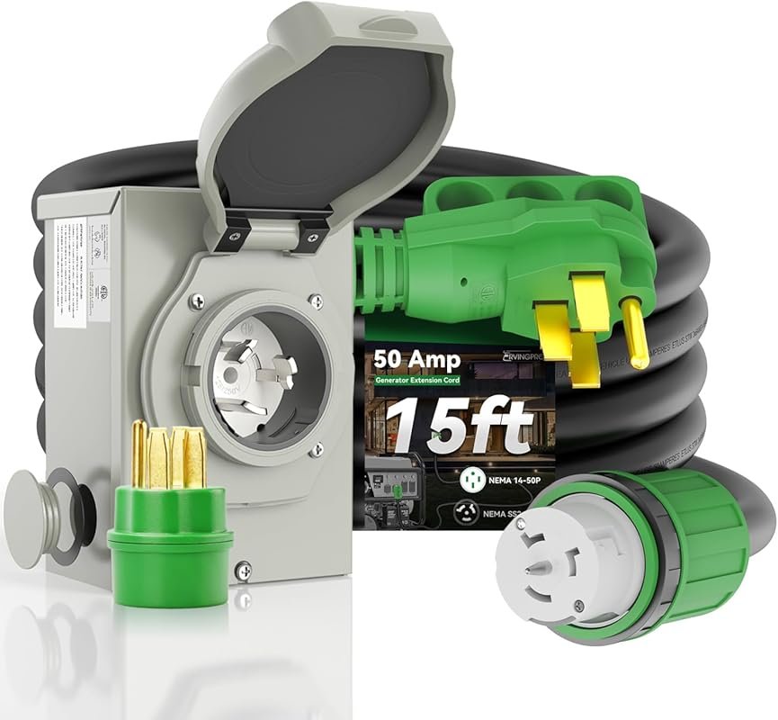 50 Amp 15FT Generator Cord and Power Inlet Box Combo Kit with Waterproof Design