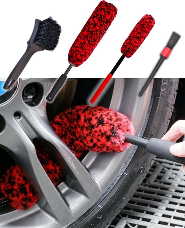 4-Pack Long Handle Wheel Brush Kit – Soft & Stiff Brushes for Tires an