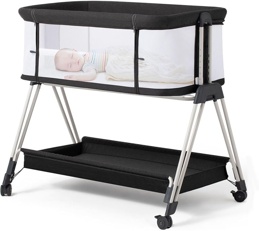 Fodoss Baby Bassinet Bedside Sleeper with Wheels, Storage Tray, 4-Side