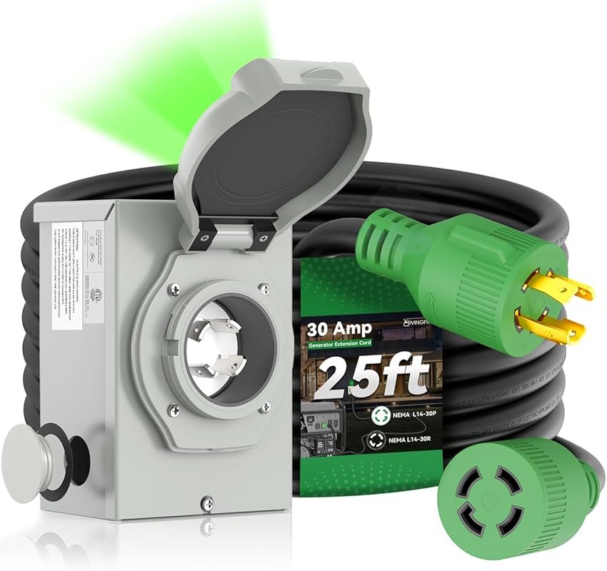 25-Foot 30 Amp Generator Cord and Waterproof Power Inlet Box Combo wit