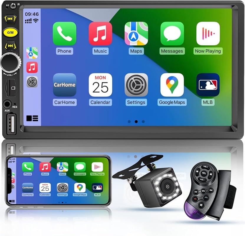 7-inch Double Din Car Stereo with Apple CarPlay, Bluetooth, Backup Cam