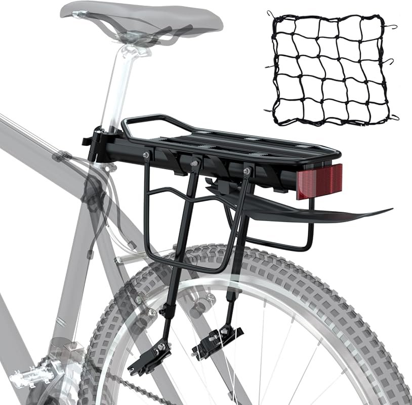 Universal Bike Cargo Rack with Fender, Bungee Net, Reflective Logo, an