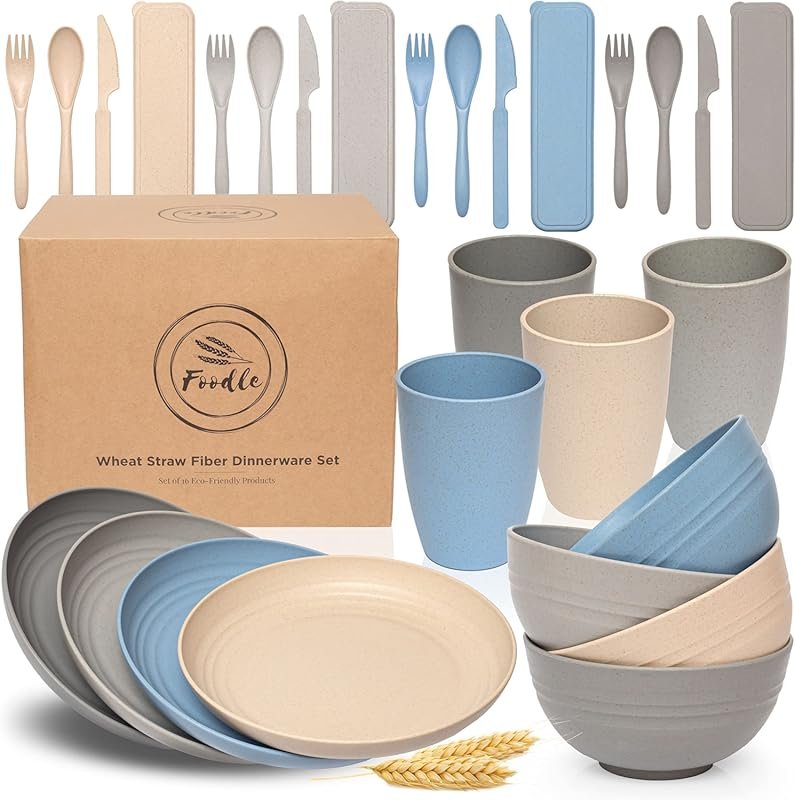 FOODLE Wheat Straw Dinnerware Set for Four - Dishwasher and Microwave 