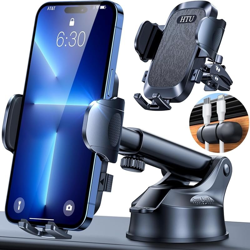 HTU Black Car Phone Mount: Multi-Position Holder with Strong Suction f