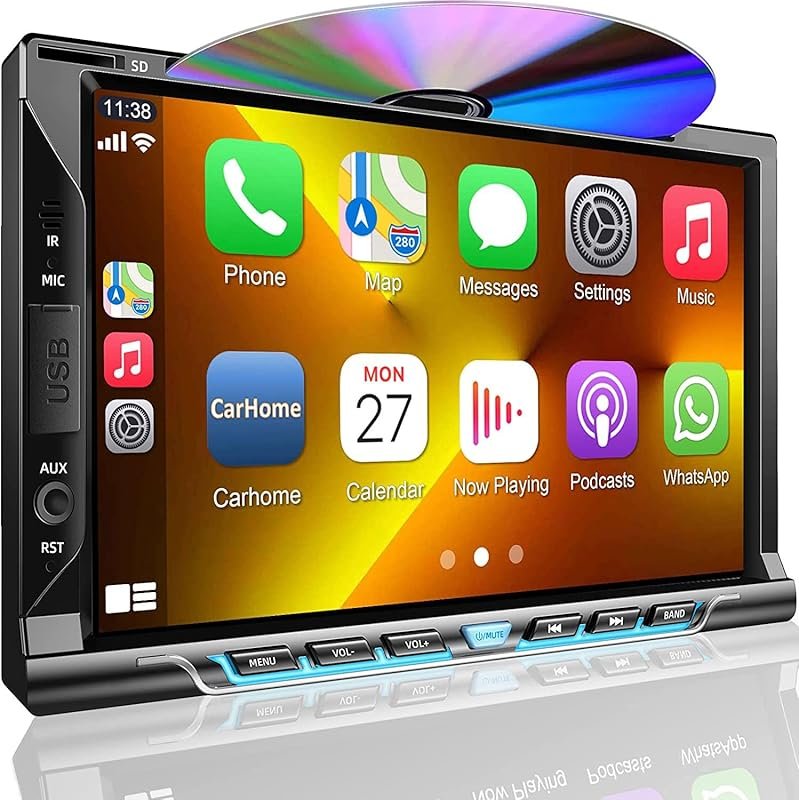 Double Din Car Stereo with CD/DVD Player, Apple CarPlay, Android Auto,