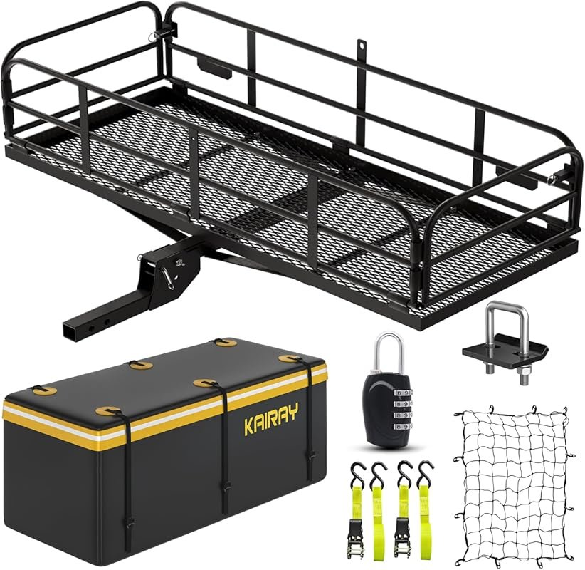 KAIRAY 500 LBS Heavy Duty Folding Hitch Mount Cargo Carrier with Stabi