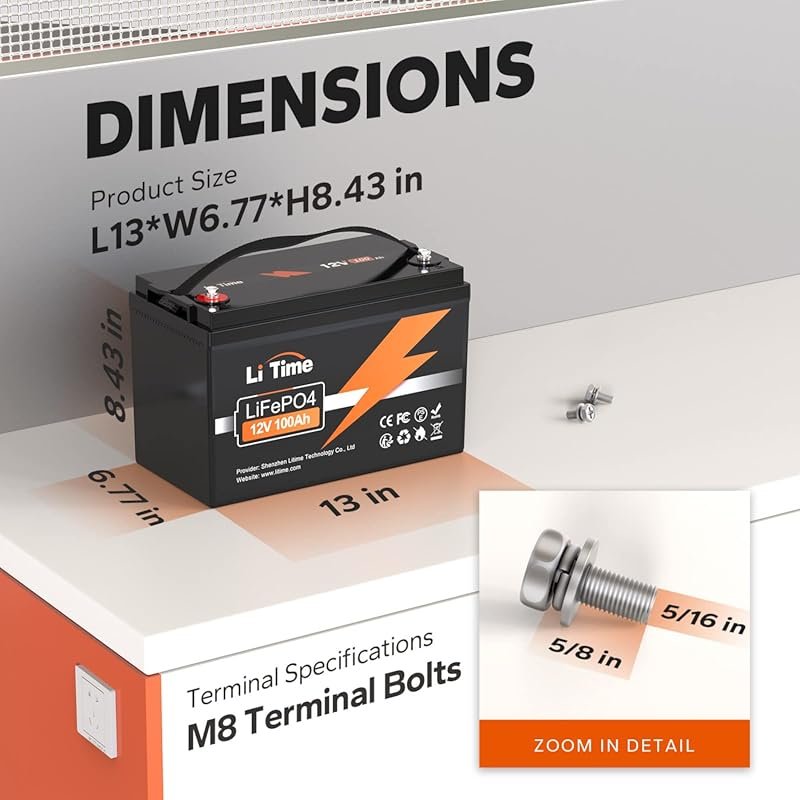 LiTime 12V 100Ah LiFePO4 Battery with Built-in BMS and Long Cycle Life