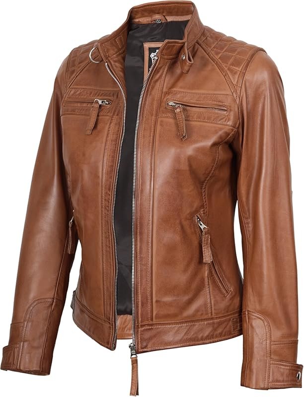 Blingsoul Leather Jacket Women - Quilted Cafe Racer Style Womens Leath