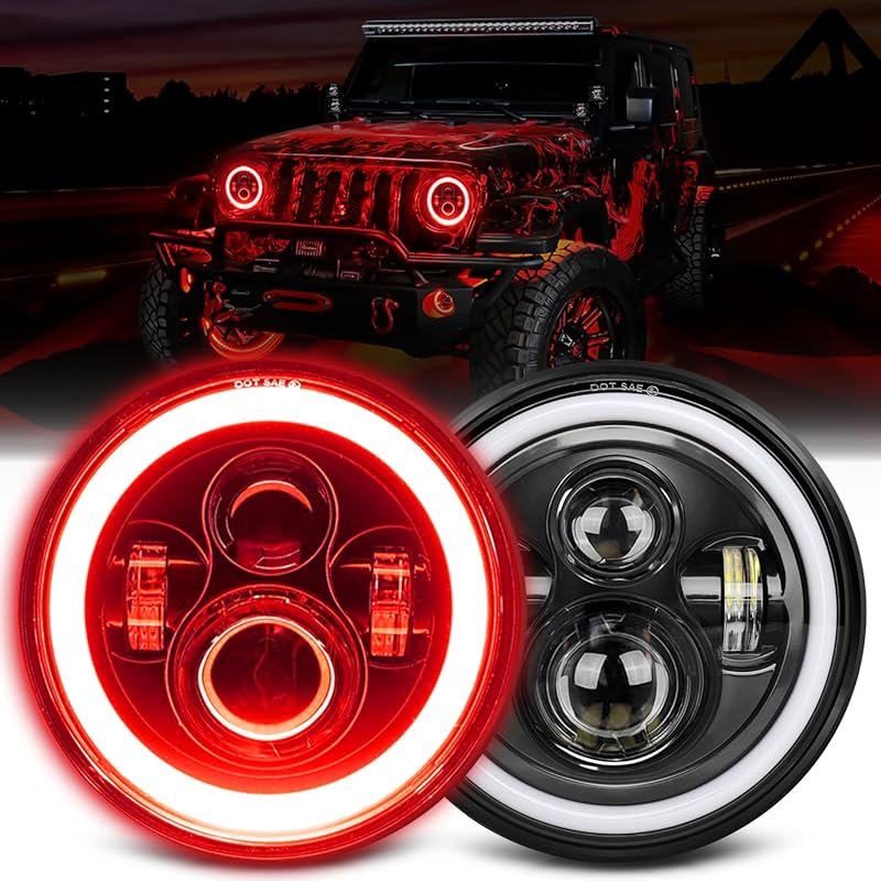 UNI-SHINE 7-Inch Red Halo LED Headlight with Hi/Lo Beam and Amber Turn