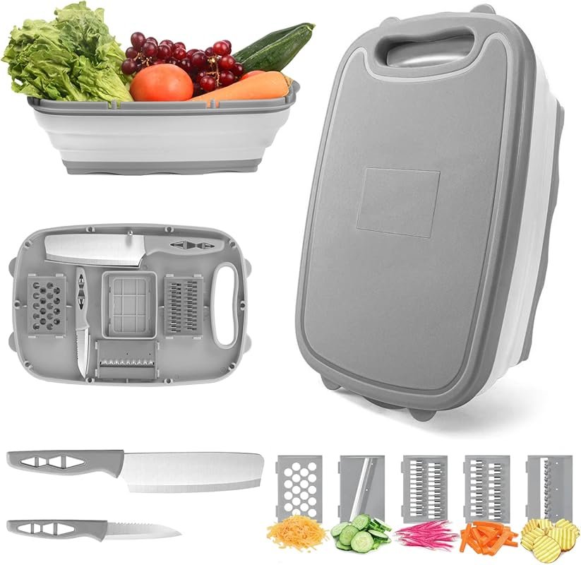 Collapsible Cutting Board with Colander, a 9-in-1 Kitchen Tool for Cam