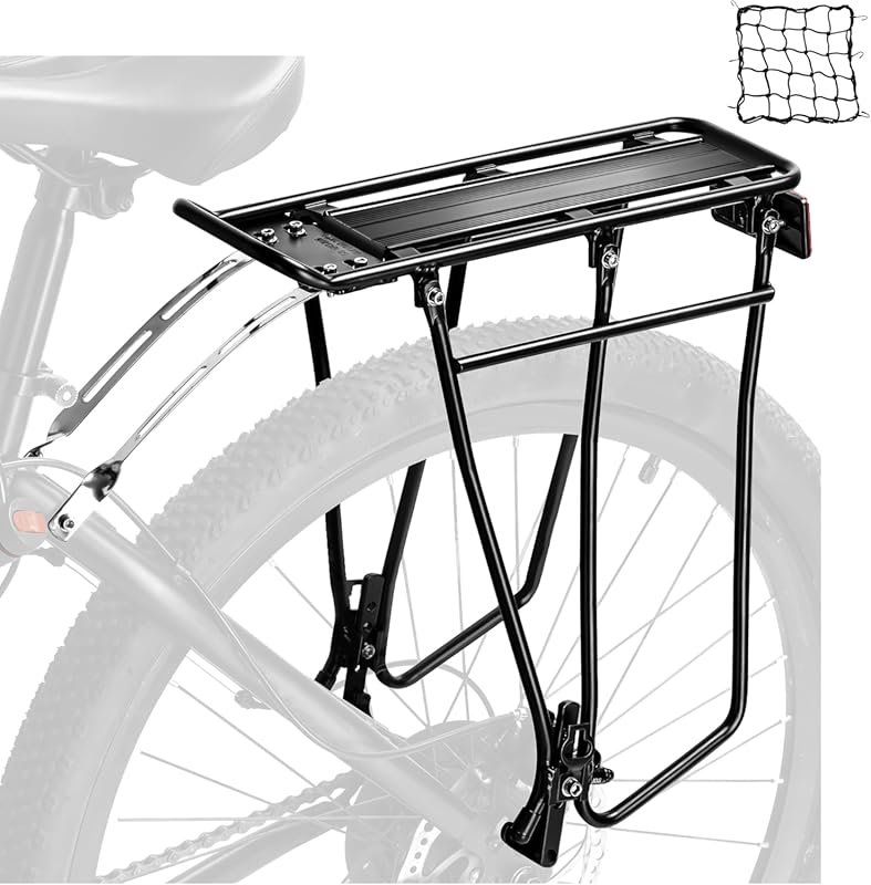 Universal Touring Bike Rack with Reflector, Cargo Net, and Long Arms f