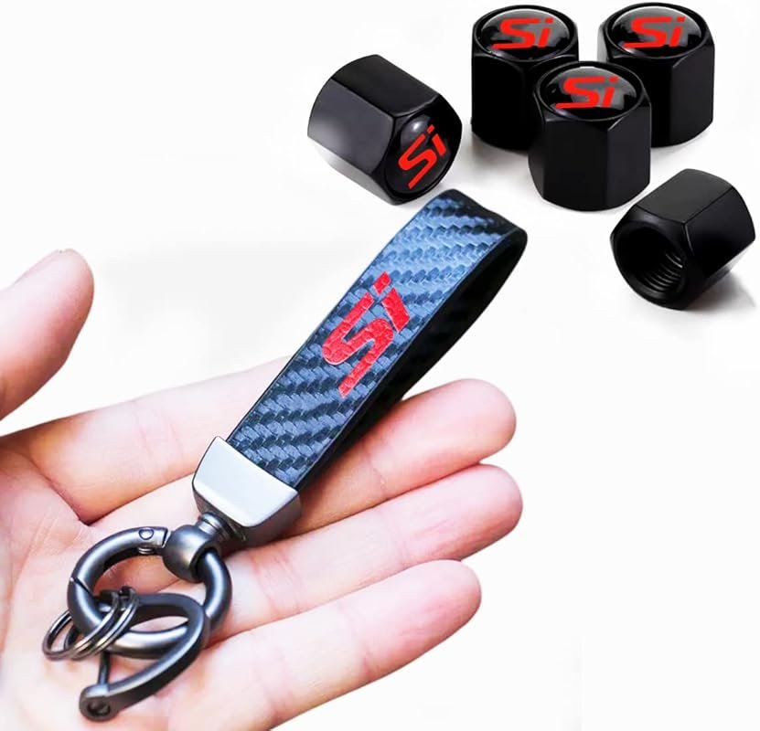 5 Carbon Fiber Tire Valve Stem Caps with Si Emblem Keychain for Honda