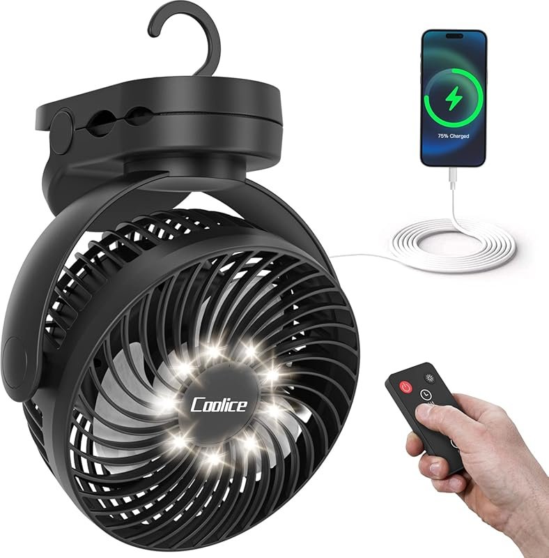 Camping Fan with Remote Control 12000mAh Battery LED Light and Hanging